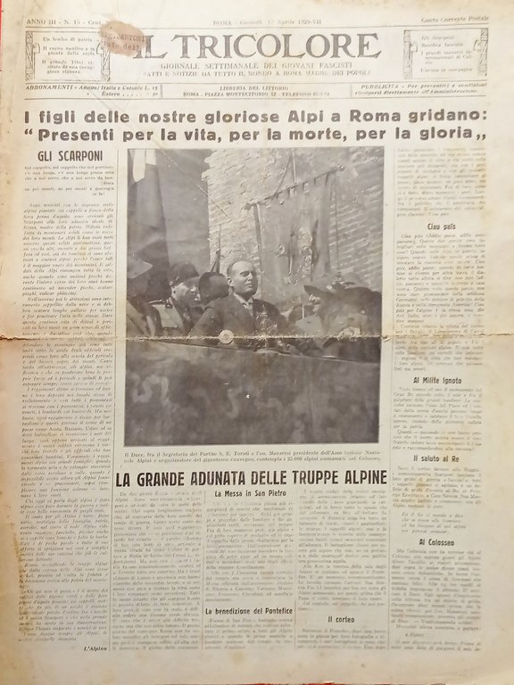 Giornale dei Giovani Fascisti - Il Tricolore N. 15 - 1929 Gloriose Alpi a Roma
