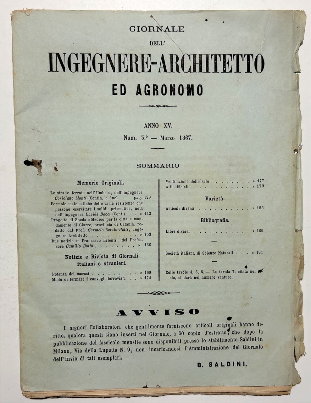 Giornale dell'Ingegnere - Architetto ed Agronomo - Anno XV - … | Immagine principale