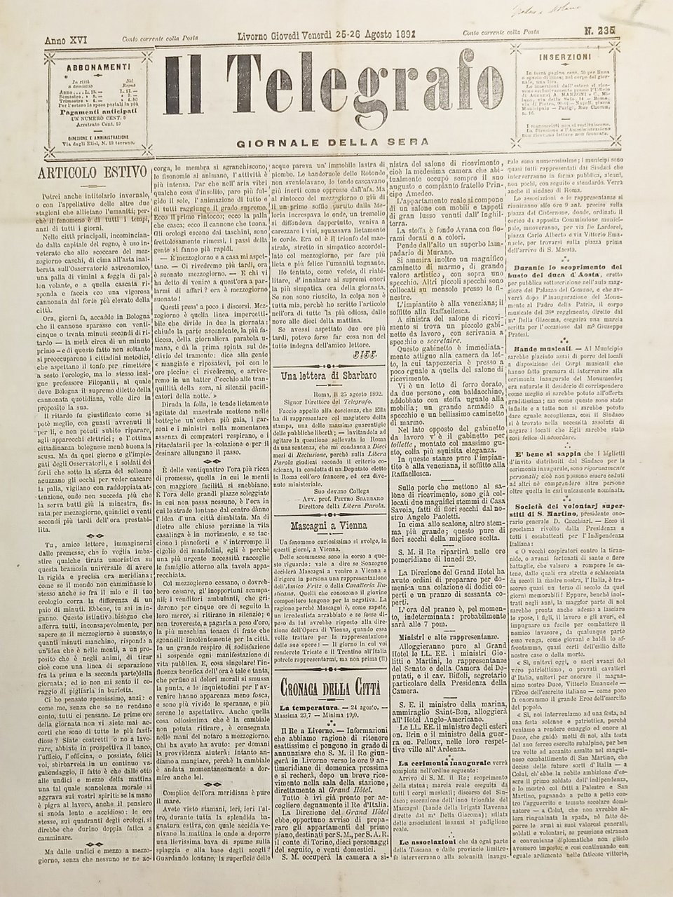 Giornale della Sera Livorno - Il Telegrafo N. 235 - … | Immagine principale