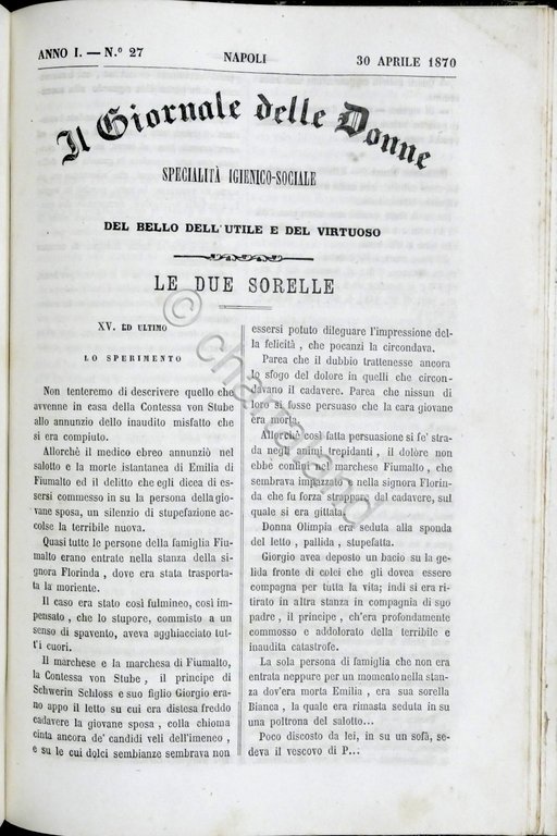 Giornale delle Donne specialità igienico-sociale - Anno I - 1869-70