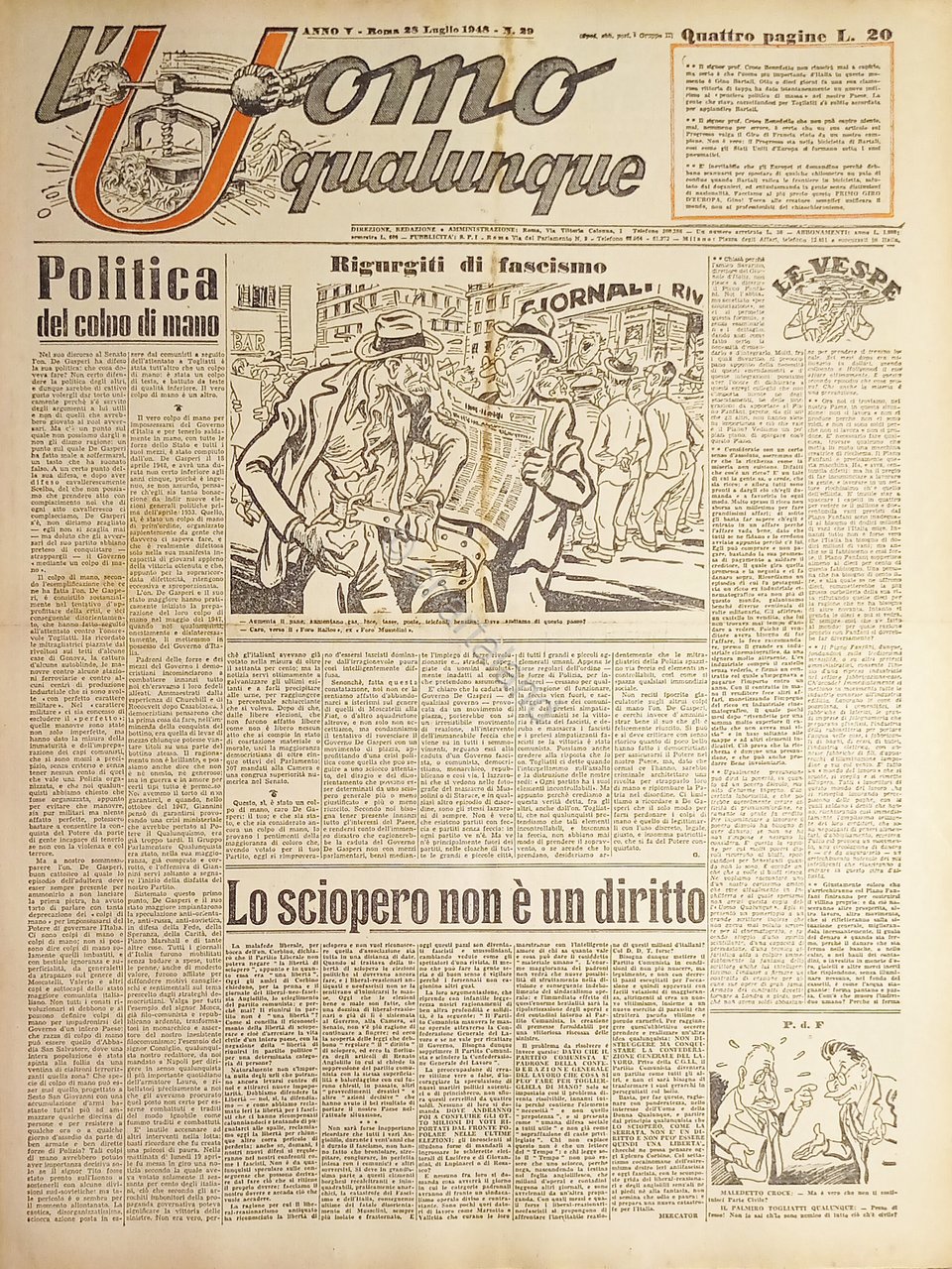 Giornale di G. Giannini - L'Uomo qualunque N. 29 - …