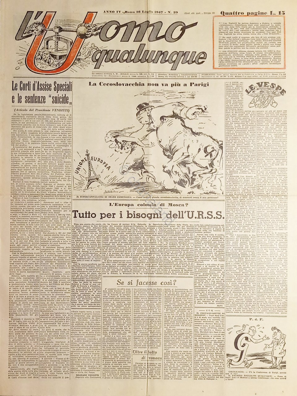 Giornale di G. Giannini - L'Uomo qualunque N. 29 Le …