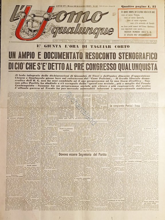 Giornale di G. Giannini - L'Uomo qualunque N. 37 - …