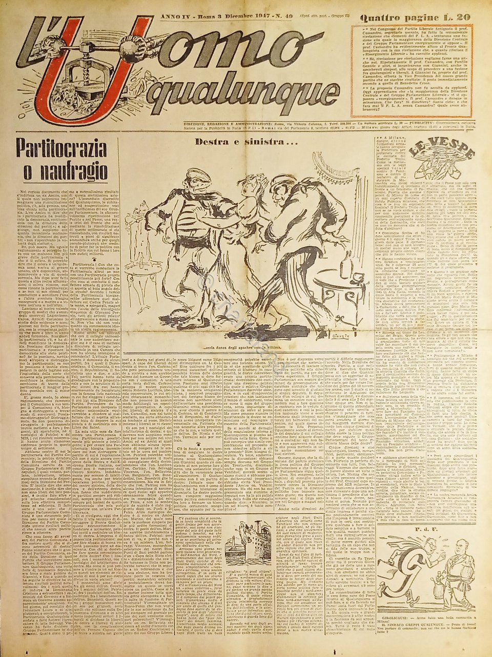 Giornale di G. Giannini - L'Uomo qualunque N. 49 Partitocrazia …