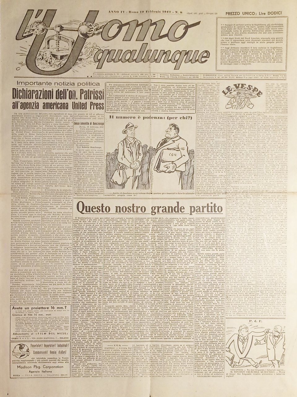 Giornale di G. Giannini - L'Uomo qualunque N. 8 - …