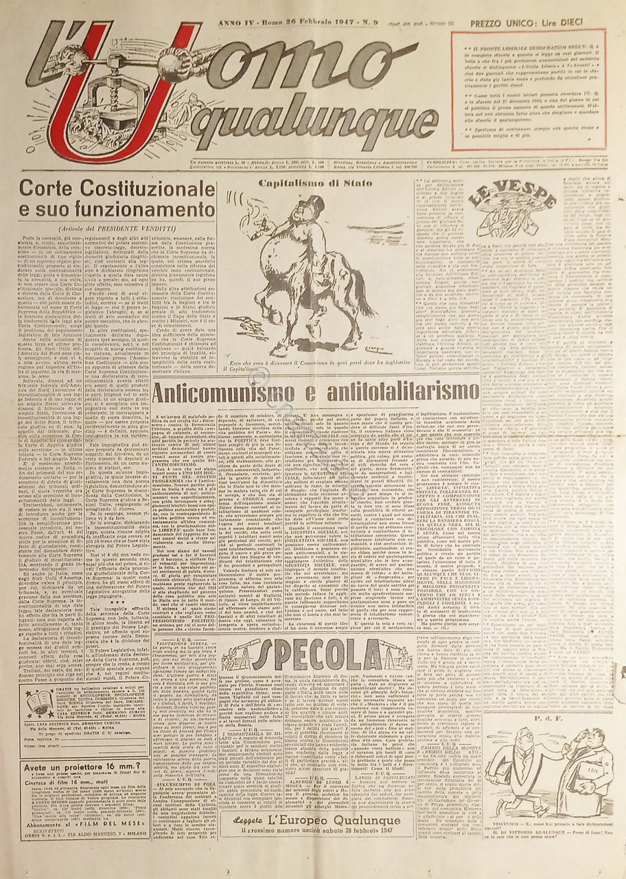 Giornale di G. Giannini - L'Uomo qualunque N. 9 - …