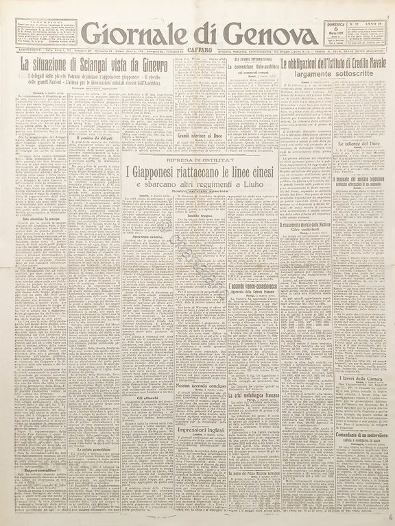Giornale di Genova Caffaro N. 57 La situazione di Shanghai vista da Ginevra 1932