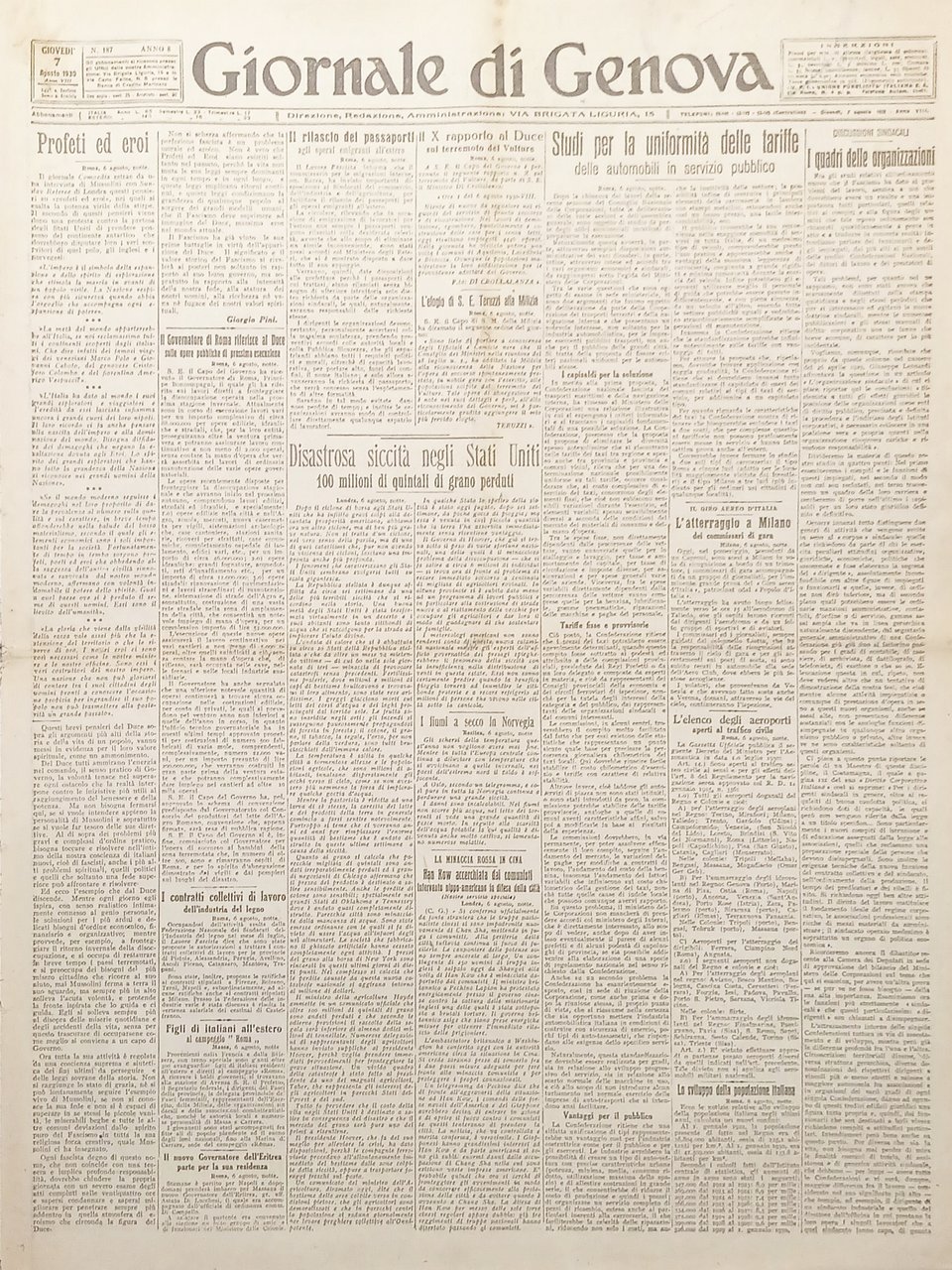 Giornale di Genova N. 187 - Disastrosa siccità negli Stati … | Immagine principale