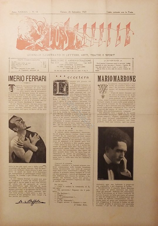 Giornale di Teatri Lettere e Arti - Lo Staffile N. 13 - Imerio Ferrari - 1928