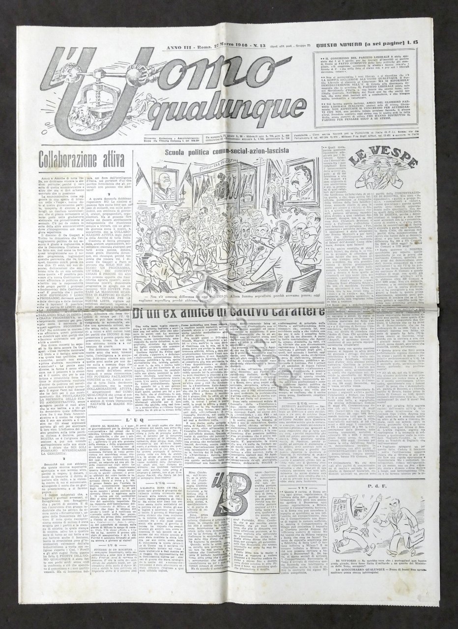 Giornale G. Gianinni - L'Uomo qualunque N. 13 - 1946