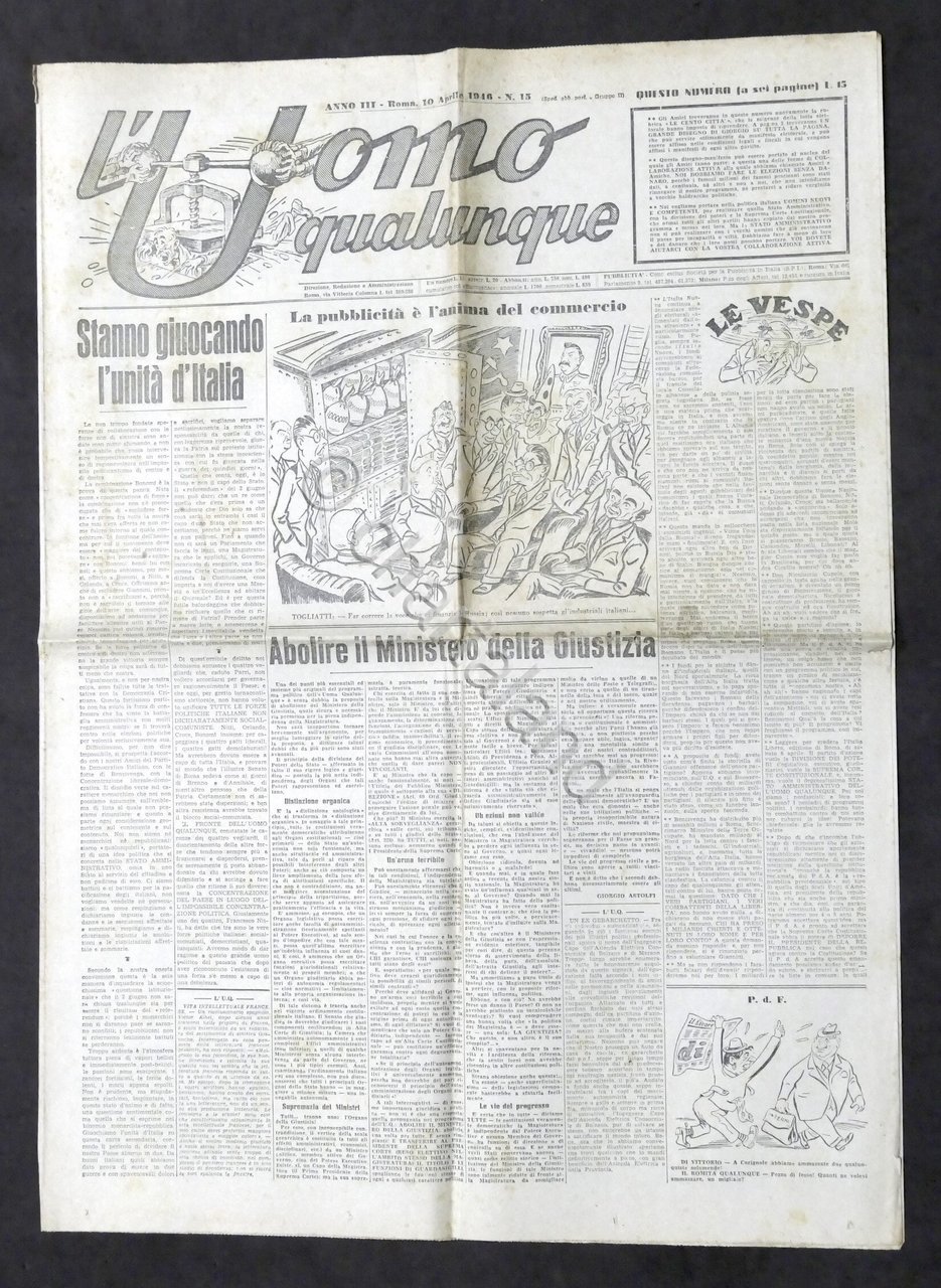 Giornale G. Gianinni - L'Uomo qualunque N. 15 - 1946