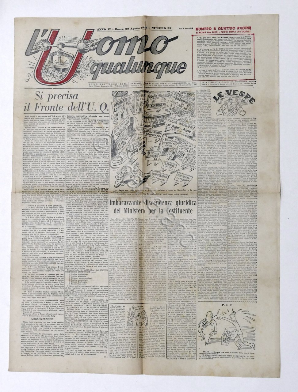 Giornale G. Gianinni - L'Uomo qualunque N. 28 - 1945
