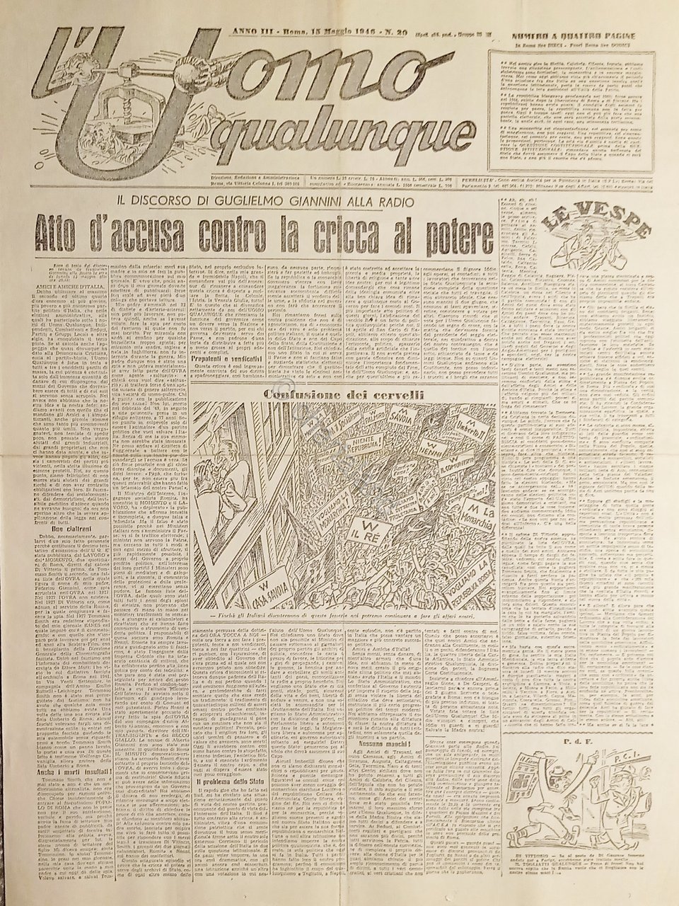 Giornale G. Giannini - L'Uomo qualunque N.20 Atto d'accusa contro …
