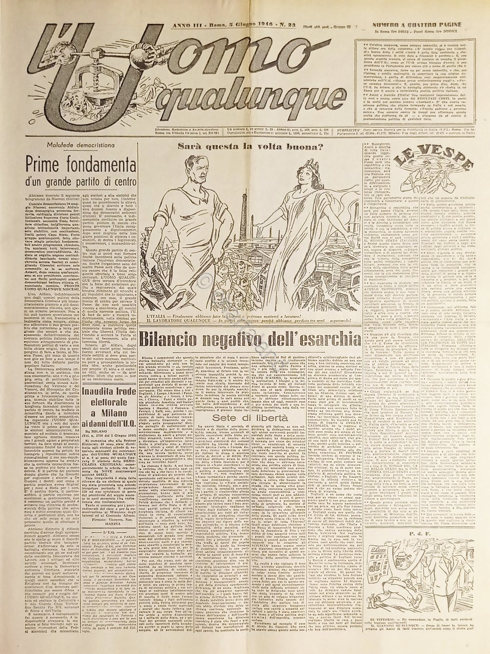 Giornale G. Giannini - L'Uomo qualunque N. 23 - Bilancio …