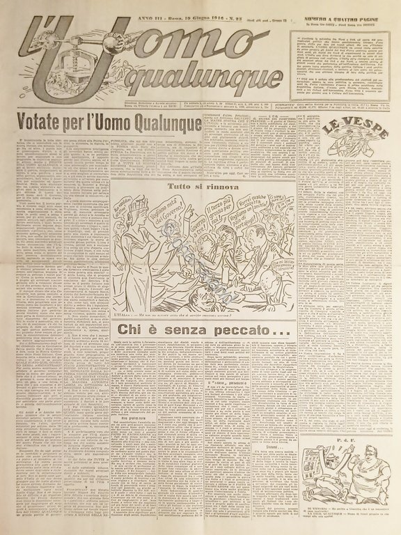 Giornale G. Giannini - L'Uomo qualunque N. 25 Votate per …