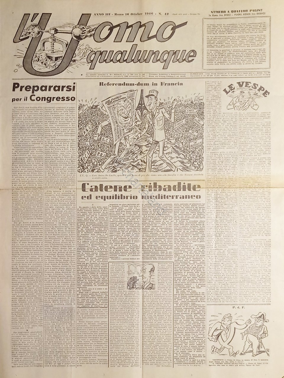 Giornale G. Giannini - L'Uomo qualunque N. 42 - Referendum …