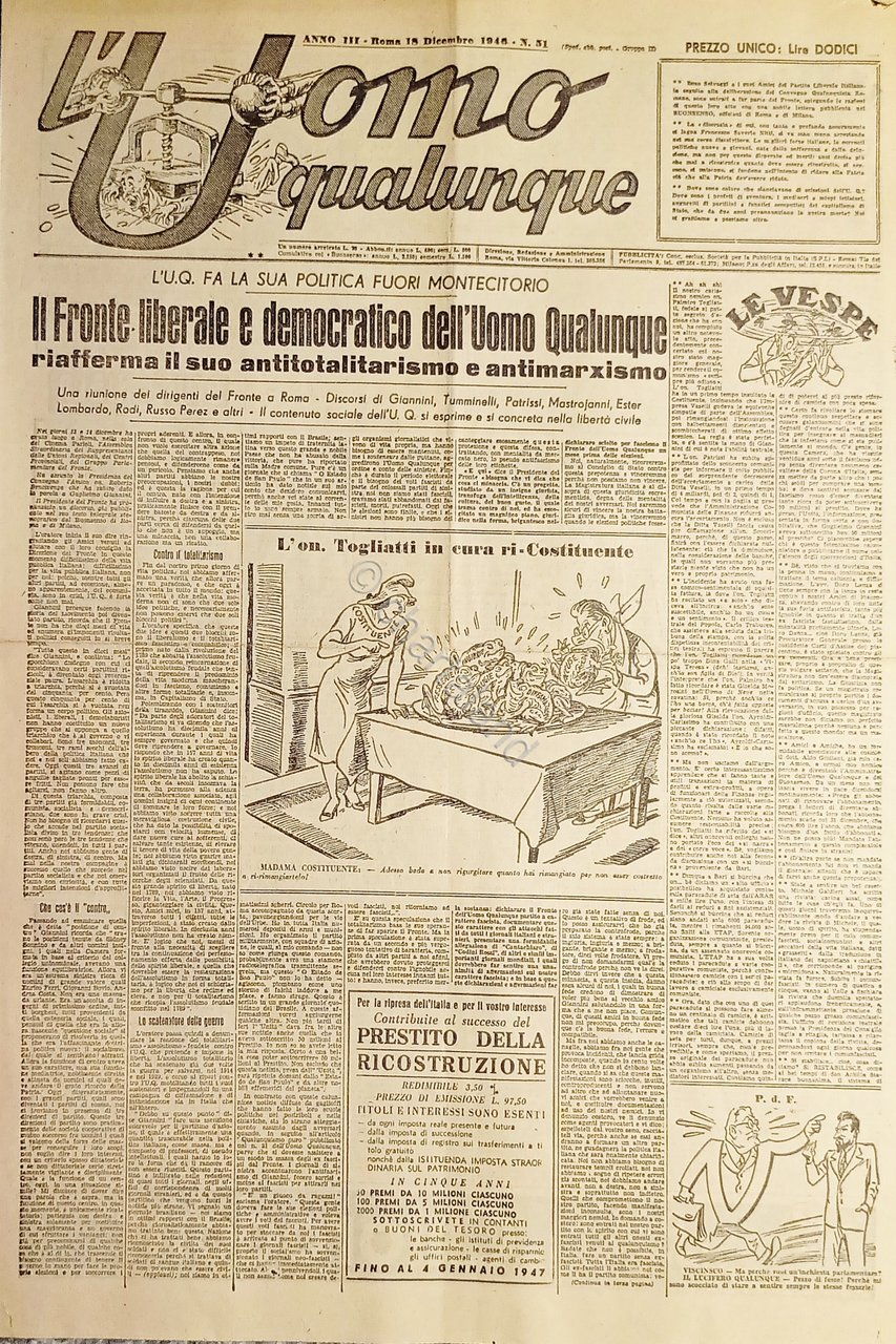 Giornale G. Giannini - L'Uomo qualunque N. 51 Fronte liberale …