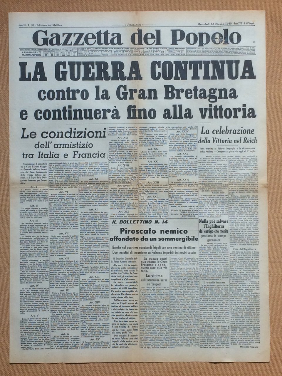 Giornale Gazzetta del Popolo 1940 n. 153 | Immagine principale