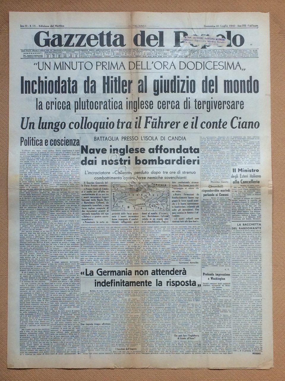 Giornale Gazzetta del Popolo 1940 n. 175 | Immagine principale