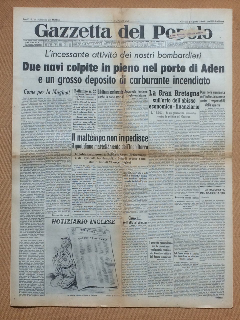 Giornale Gazzetta del Popolo 1940 n. 184 | Immagine principale