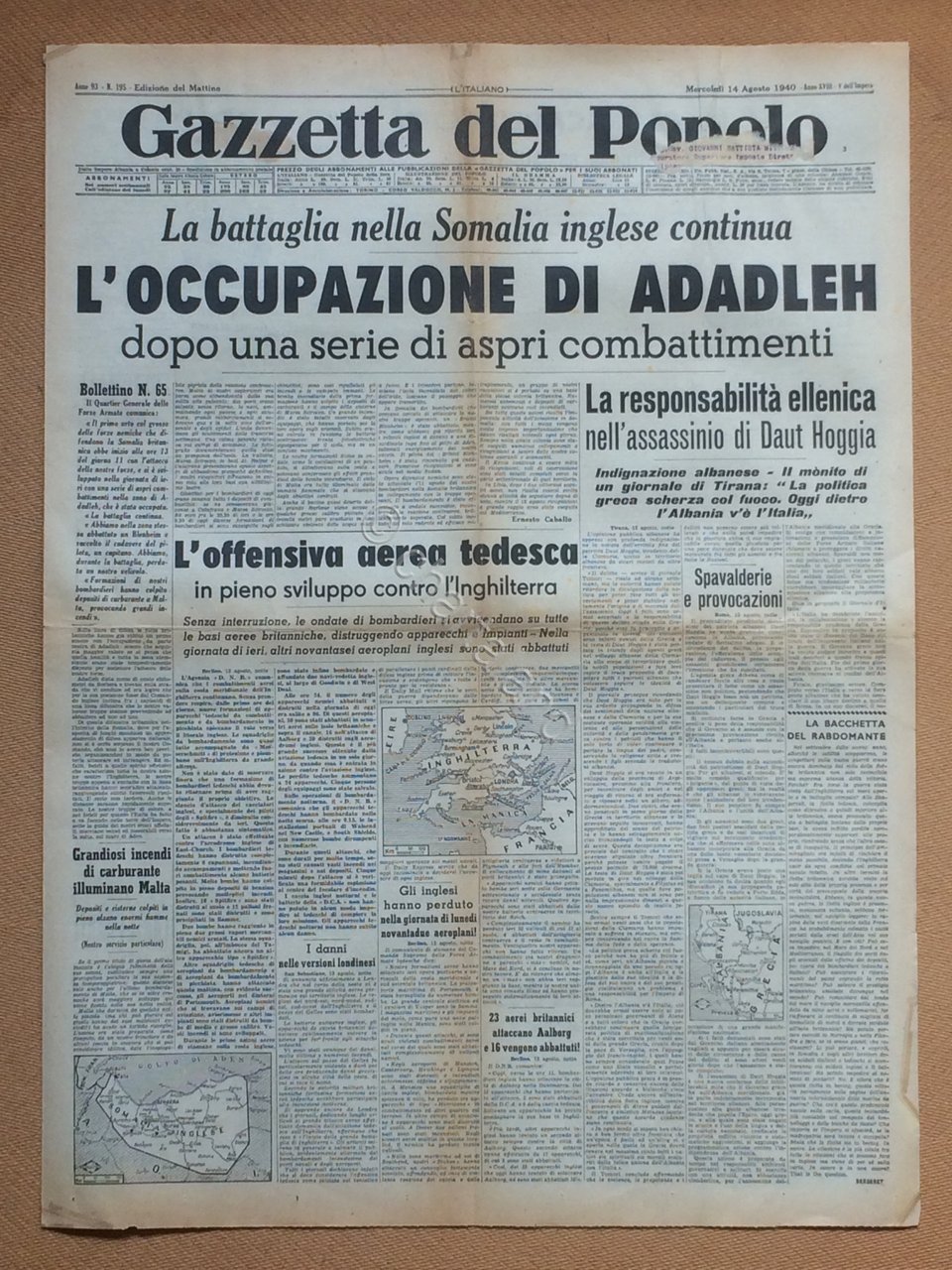 Giornale Gazzetta del Popolo 1940 n. 195 | Immagine principale