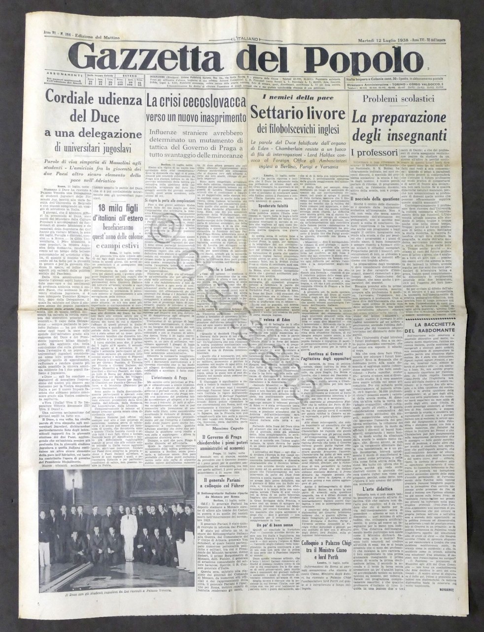 Giornale Gazzetta del Popolo N. 164 Cordiale udienza del Duce …