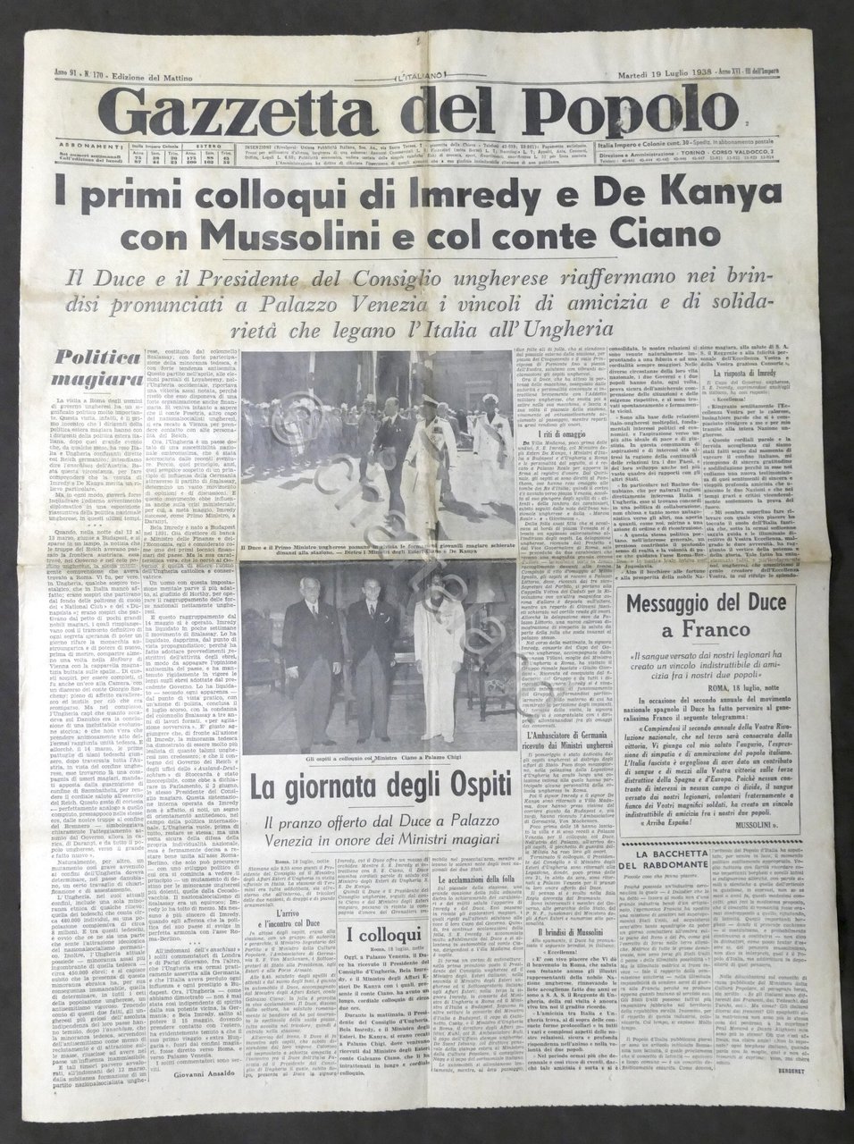 Giornale Gazzetta del Popolo N. 170 Colloqui di Imredy e …