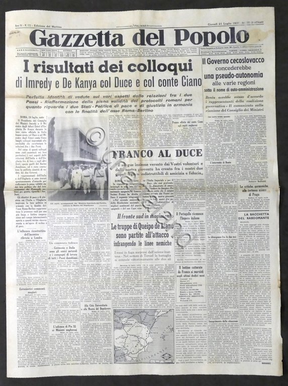 Giornale Gazzetta del Popolo N. 172 Risultati colloqui di Imredy …