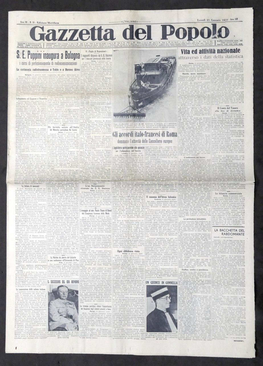 Giornale Gazzetta del Popolo N. 18 Mer. S. E. Puppini …