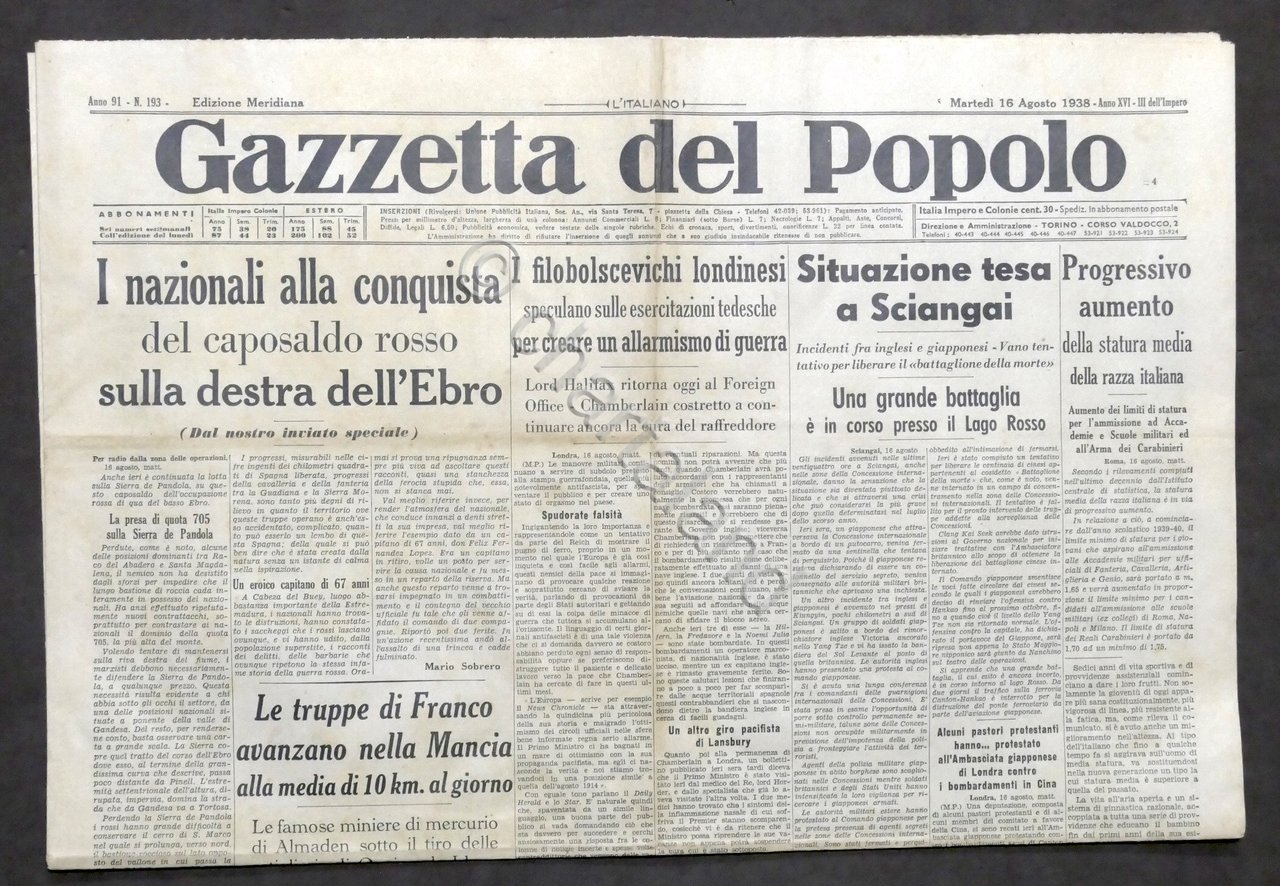 Giornale Gazzetta del Popolo N. 193 Merid. - Situazione tesa …