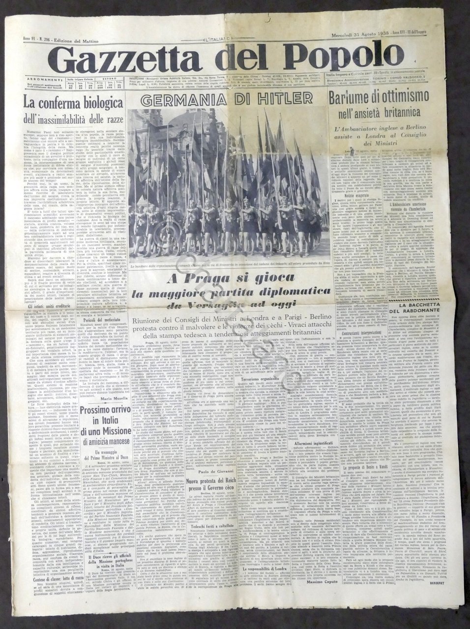Giornale Gazzetta del Popolo N. 206 - Germania di Hitler …