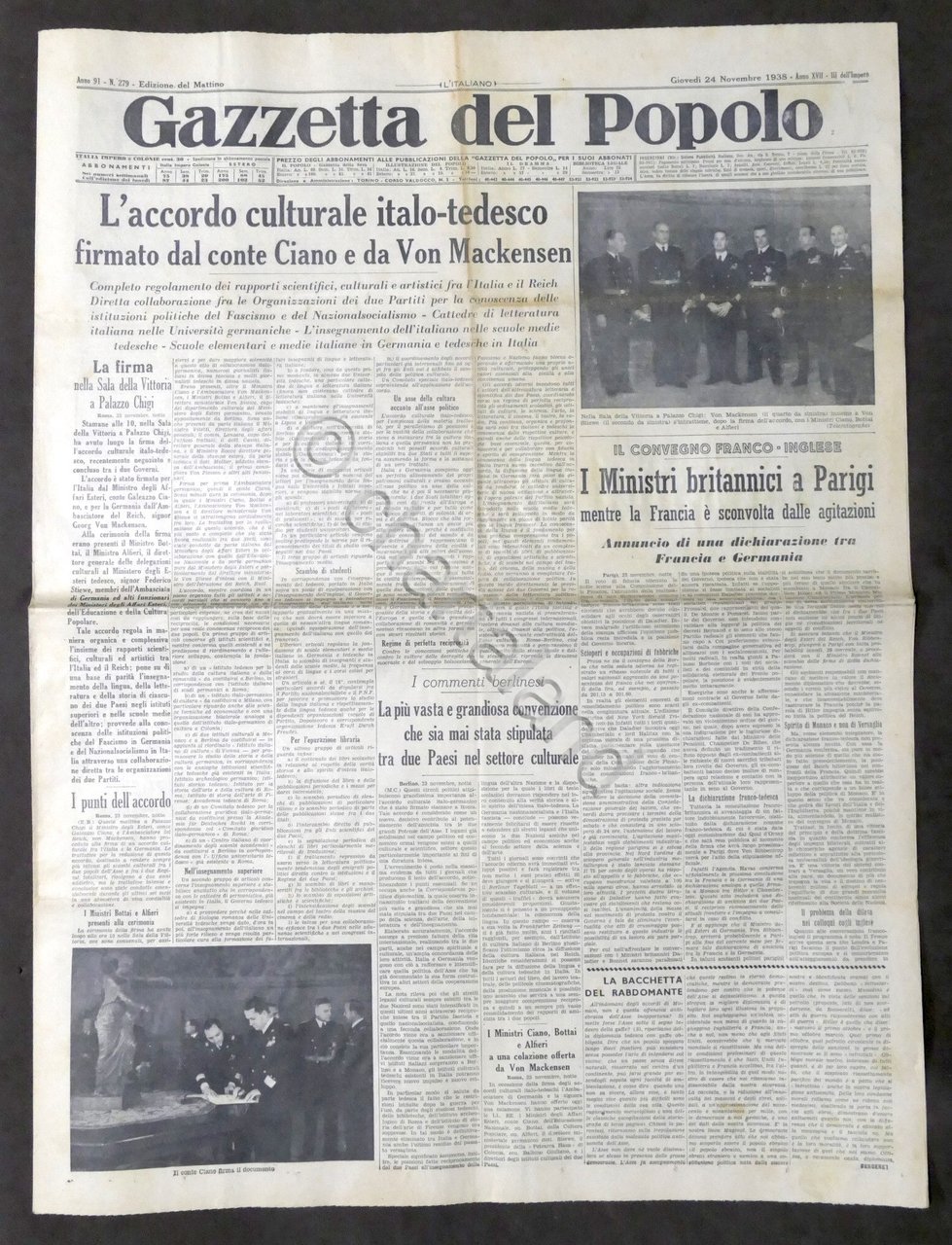 Giornale Gazzetta del Popolo N. 279 - L'accordo culturale italo …