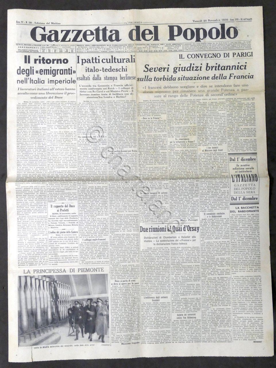 Giornale Gazzetta del Popolo N. 280 - I patti culturale …