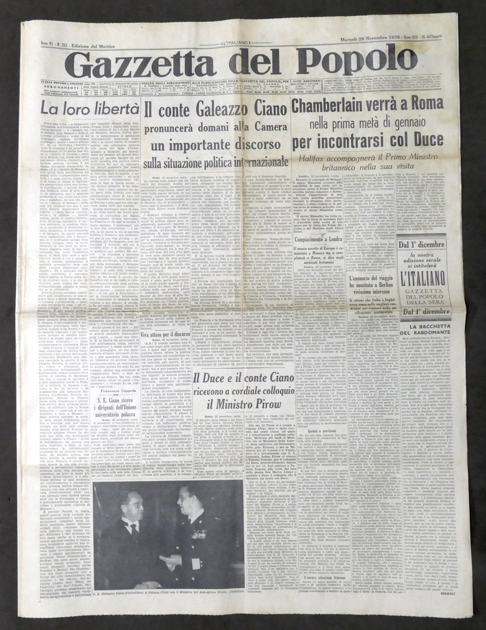 Giornale Gazzetta del Popolo N. 283 - Chamberlain verrà a …