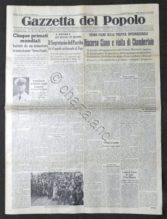 Giornale Gazzetta del Popolo N. 288 Discorso Ciano e visita …
