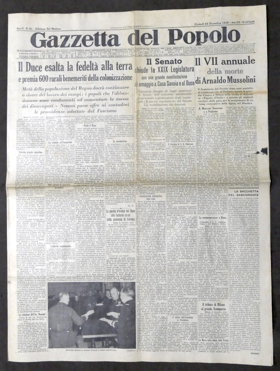 Giornale Gazzetta del Popolo N. 303 - Il Duce esalta …