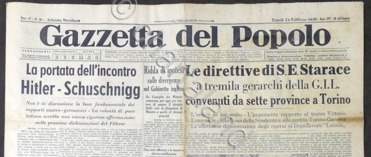 Giornale Gazzetta del Popolo N. 38 La portata incontro Hitler …
