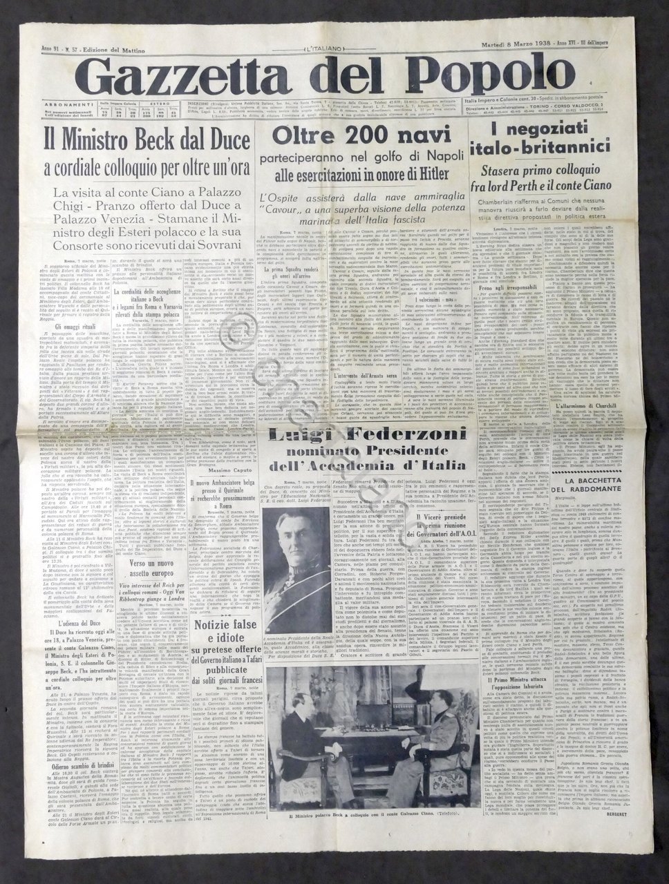 Giornale Gazzetta del Popolo N. 57 - Ministro Beck dal …