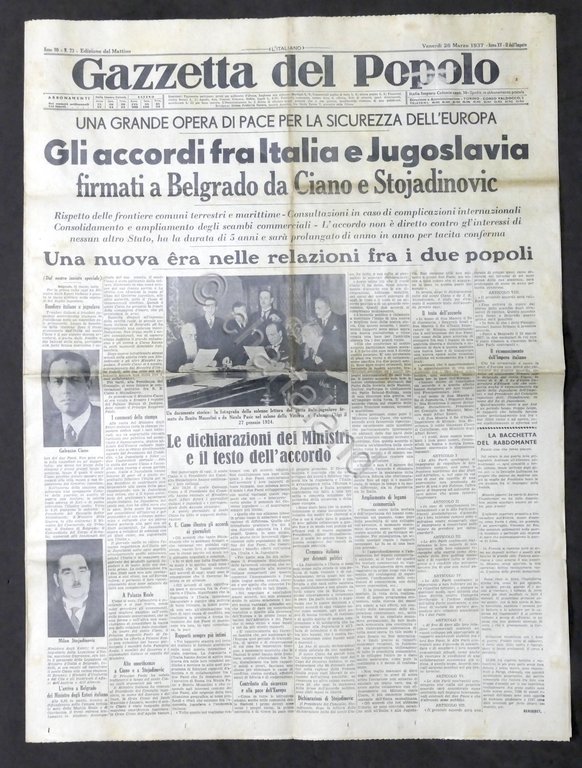 Giornale Gazzetta del Popolo N. 73 - Gli accordi tra Italia e Jugoslavia - 1937