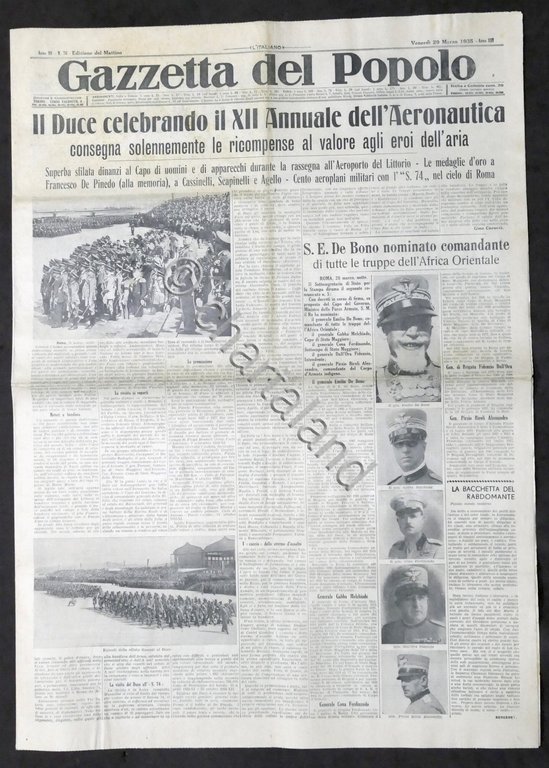 Giornale Gazzetta del Popolo N.76 Duce celebra XII Annuale dell'Aeronautica …