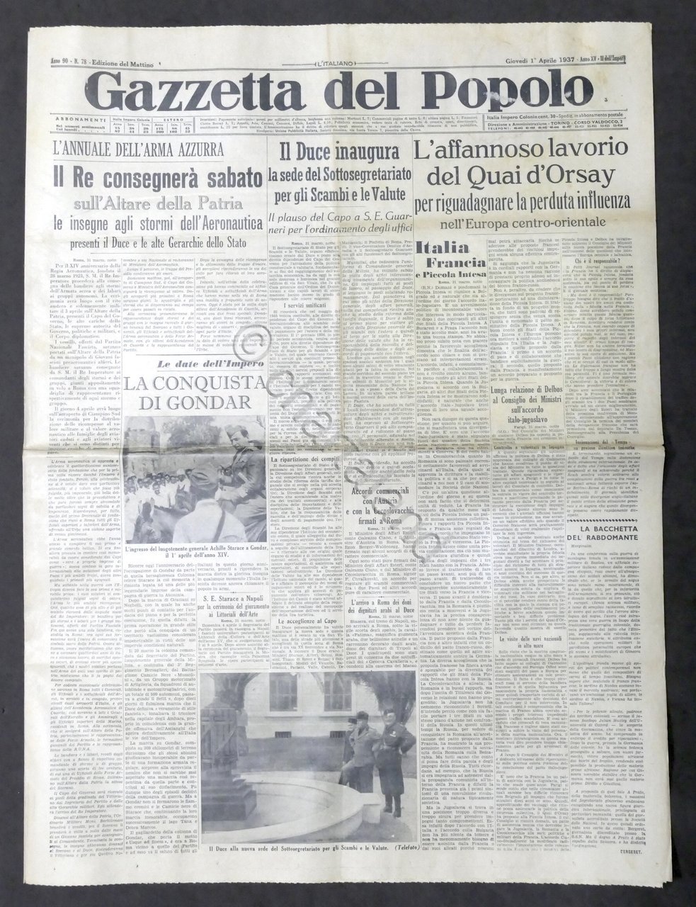 Giornale Gazzetta del Popolo N. 78 - Duce inaugura sede …