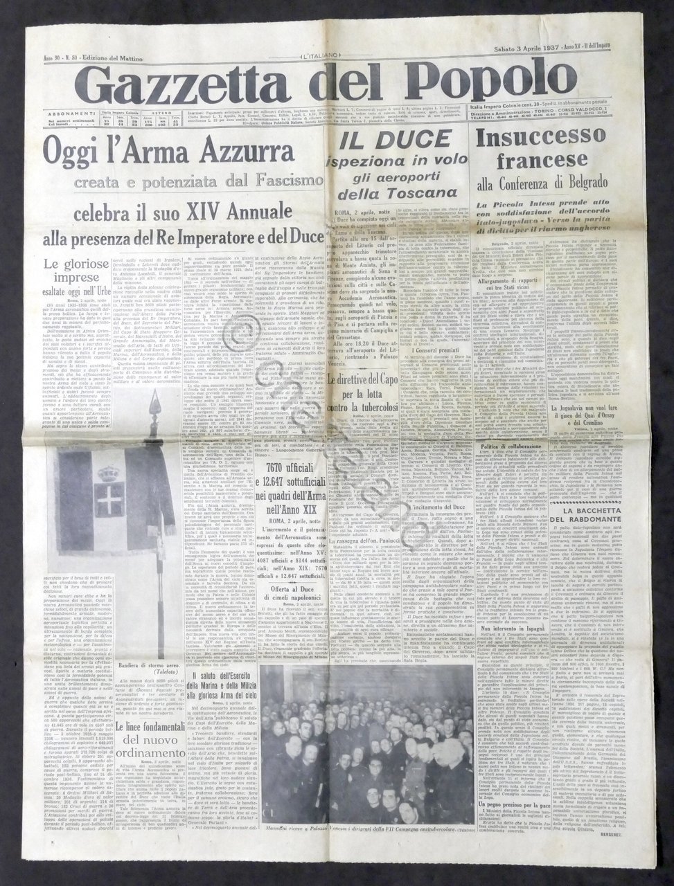 Giornale Gazzetta del Popolo N. 80 - L'Arma Azzurra celebra …