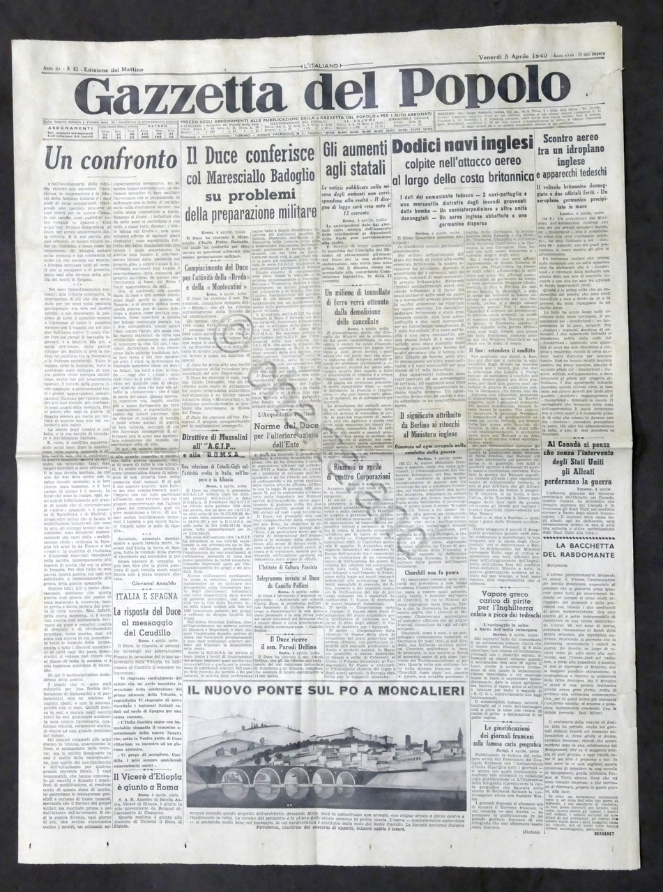 Giornale Gazzetta del Popolo N. 83 Duce conferisce con Maresciallo …