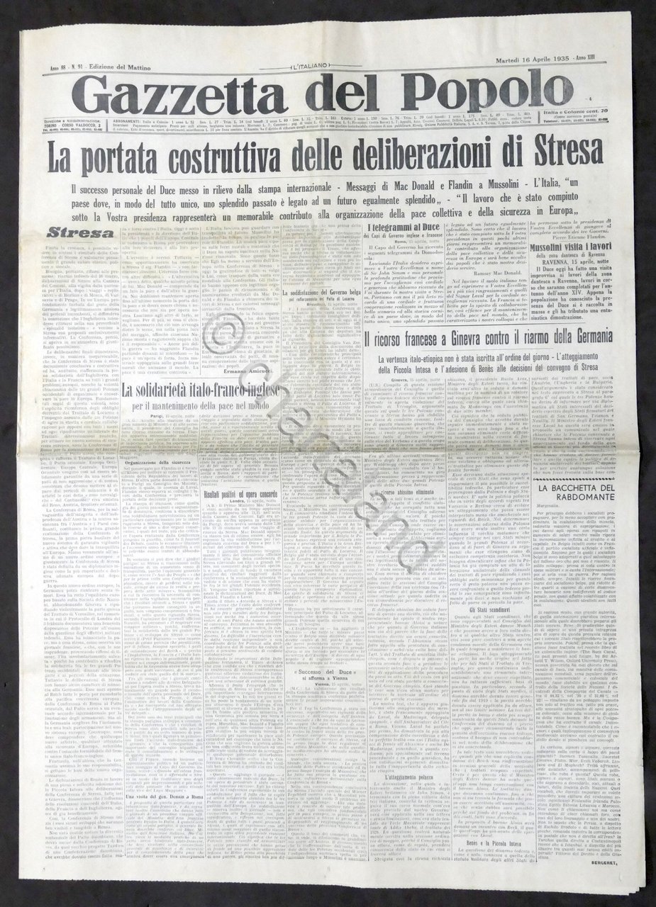 Giornale Gazzetta del Popolo N. 91 Portata costruttiva deliberazioni Stresa …