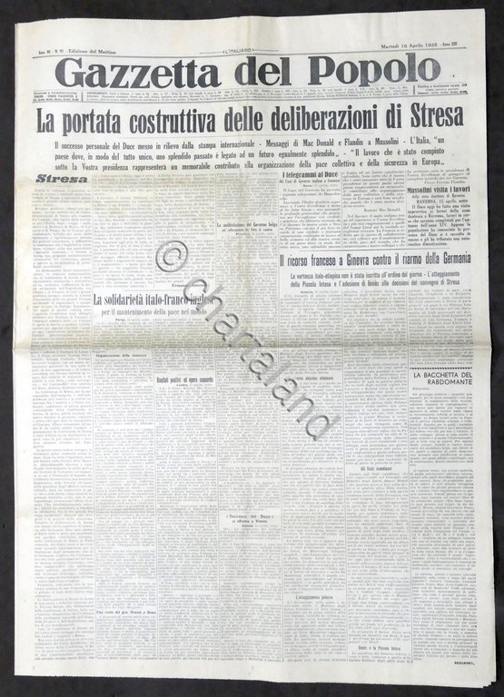 Giornale Gazzetta del Popolo N. 91 Portata costruttiva deliberazioni Stresa …