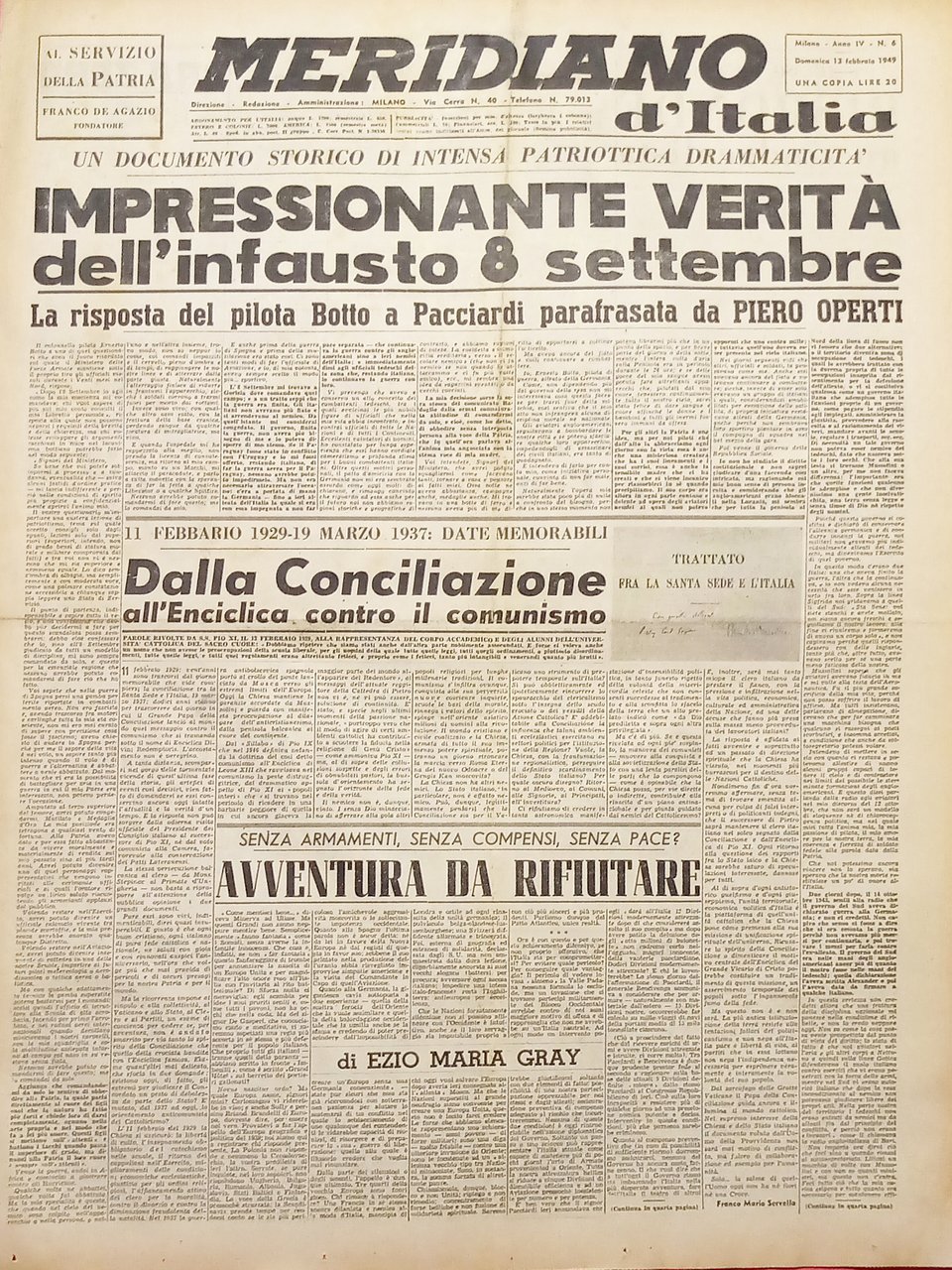 Giornale Meridiano d'italia N.6 Impressionante verità infausto 8 Settembre 1949 | Immagine principale
