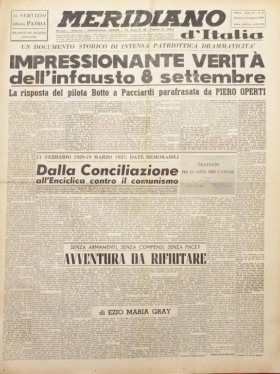Giornale Meridiano d'italia N.6 Impressionante verità infausto 8 Settembre 1949