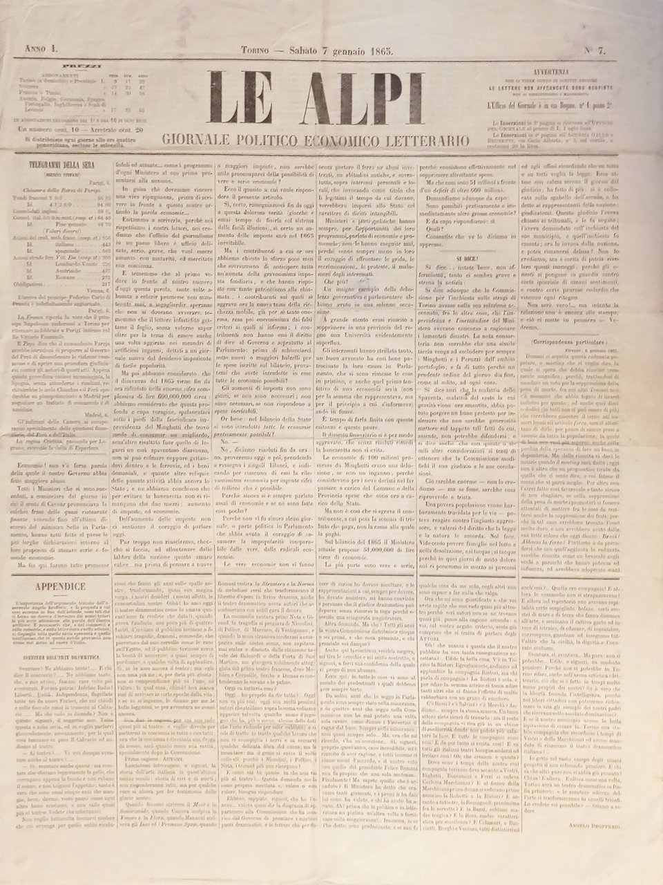 Giornale Politico Economico Letterario di Torino - Le Alpi N. …