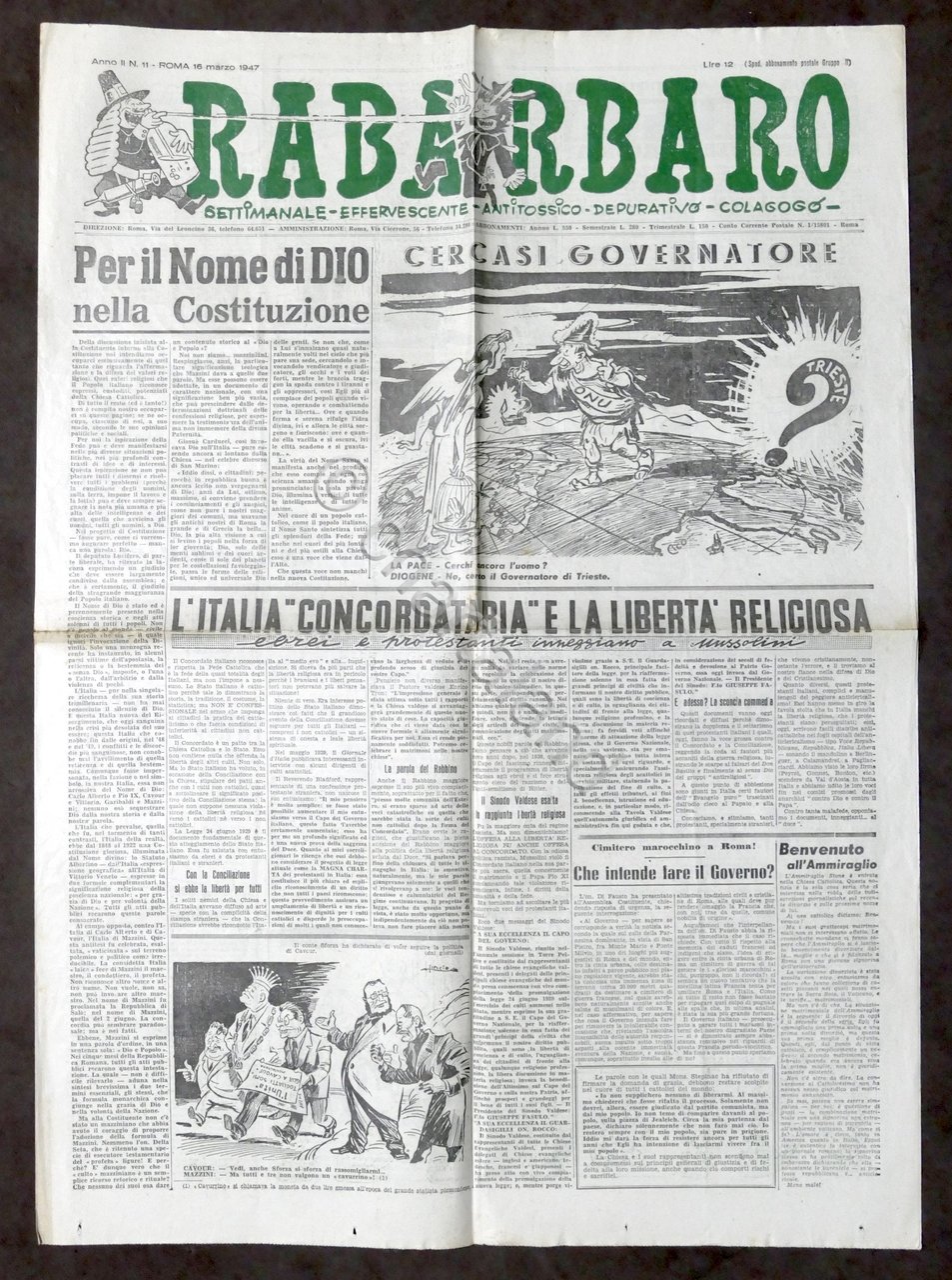Giornale Settimanale Satira - Rabarbaro N. 11 Roma - 1947 | Immagine principale