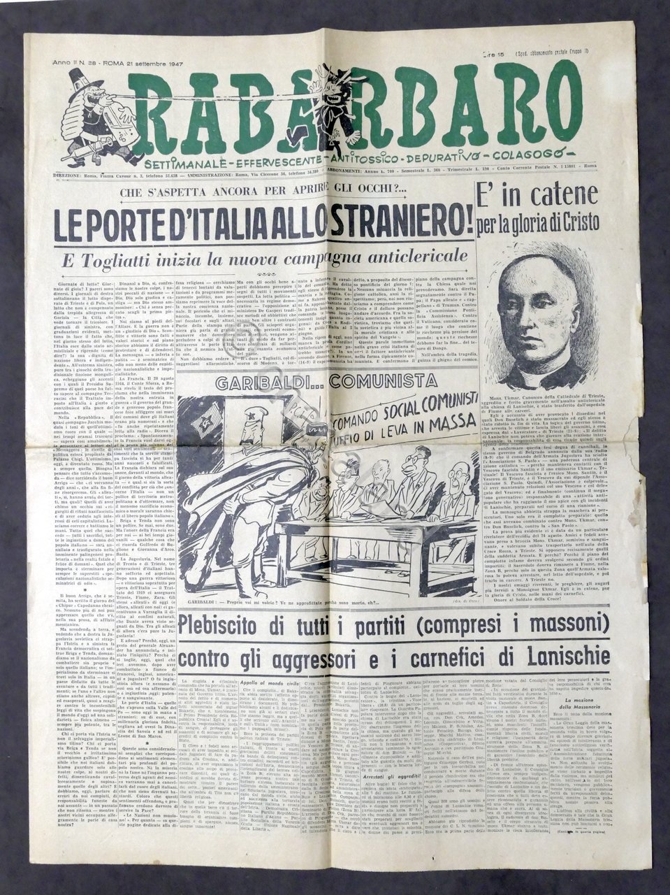 Giornale Settimanale Satira - Rabarbaro N. 38 Roma - 1947